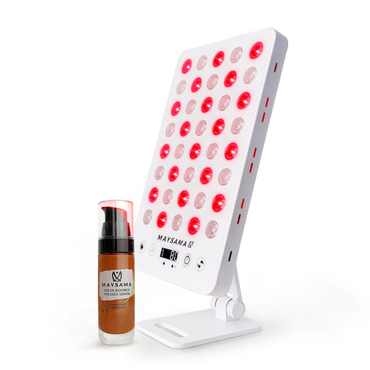 red light therapy panel with green rooibos pressed serum